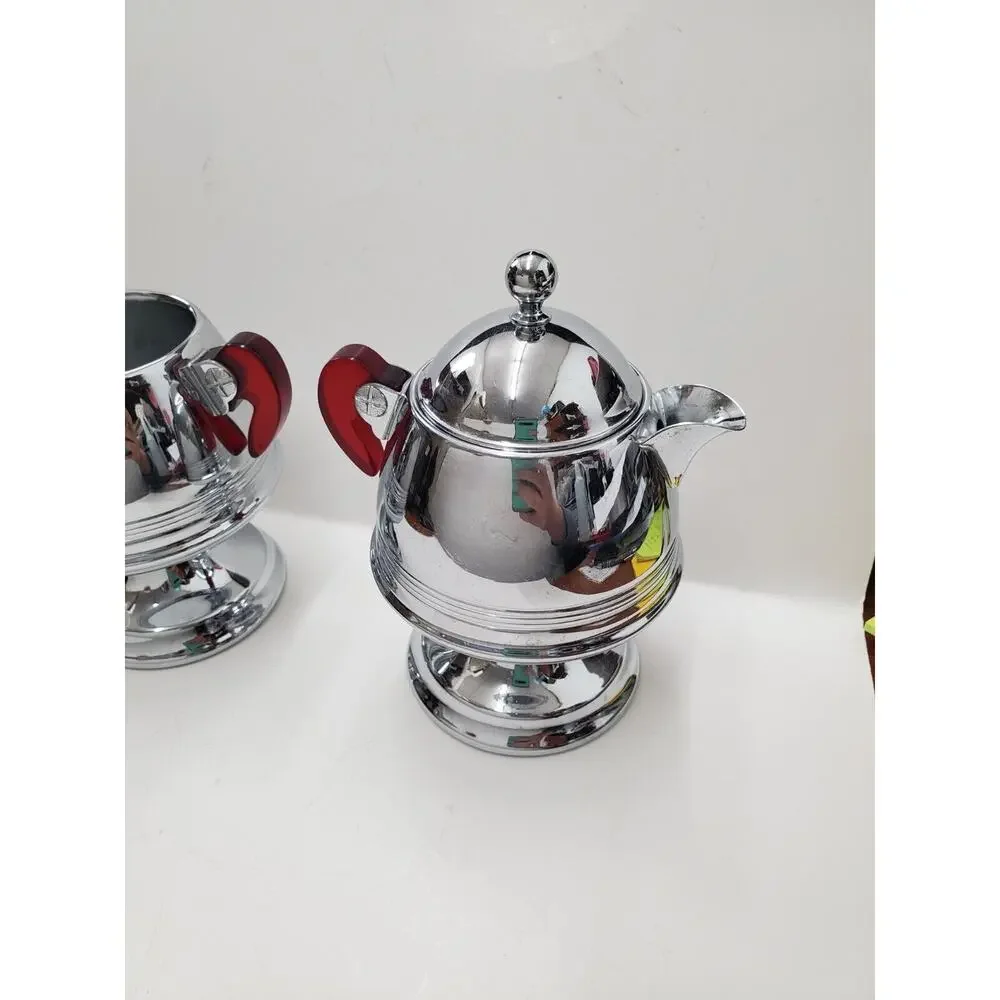 Vintage Chrome Sugar & Creamer Set Red Bakelite Handles Chrome Mid Century Retro